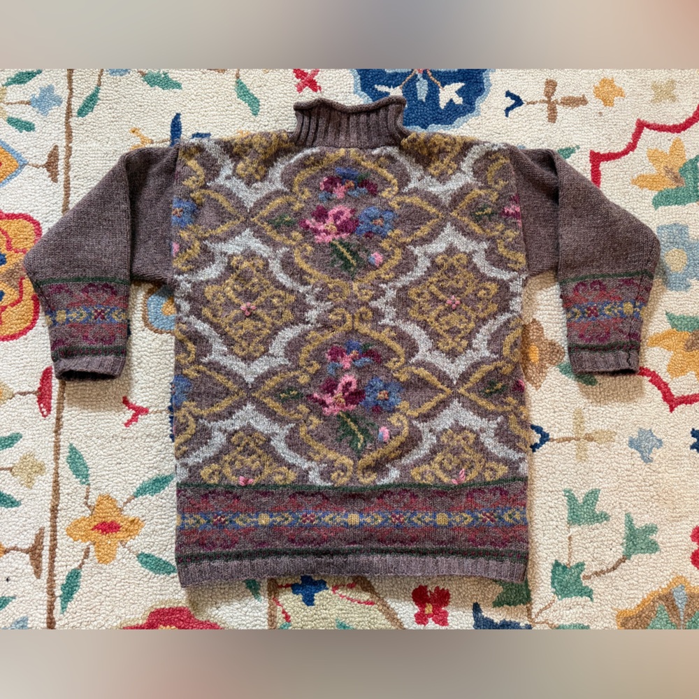Vintage Express Tricot Hand-Knitted Wool Mock Neck Tunic Sweater in Earth Tones
